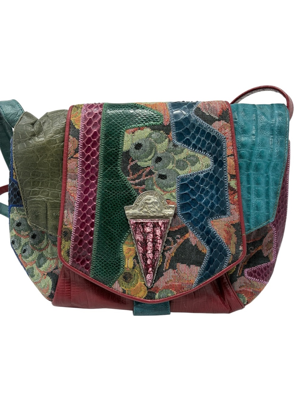 Vintage Sharif Multi-Colored Leather and Tapestry Shoulder Bag